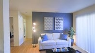 This single-floor space showcases a thoughtfully designed living area that balances modern aesthetics with a warm, welcoming ambiance. The living room is anchored by a striking blue-grey accent wall, which serves as a bold focal point against the surrounding neutral, light-toned walls. Warm hardwood flooring runs throughout, adding a natural warmth that complements the cool tones of the accent wall. A white sofa with blue throw pillows sits at the center of the room, echoing the color palette established by the accent wall. Two framed artworks with circular patterns are displayed symmetrically above the sofa, adding a contemporary artistic touch. A sleek multi-light floor lamp with brushed nickel finish provides ambient lighting, while a dark coffee table in the foreground adds contrast to the lighter elements of the room. A potted indoor plant in the corner introduces a natural, organic element to the space. A hallway visible to the left suggests additional rooms beyond the living area, contributing to the overall sense of a well-connected, functional layout throughout the home.
