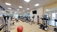 This fitness center is a spacious, single-floor facility designed to support a full range of workout routines. The space is bathed in bright, even lighting from recessed panel lights in a drop-tile ceiling, complemented by natural light streaming through large windows along one wall. Light-toned, striped carpet tiles cover the floor throughout, lending the space a clean and modern aesthetic.

The cardio zone features a row of treadmills and upright stationary bikes from XTIVA, each equipped with individual digital displays. Elliptical and step trainers from TRUE and other brands round out the cardio offerings. A wall-mounted flat-screen television is positioned for easy viewing during workouts.

The strength training area is well-appointed with a selection of Hoist and Rogue selectorized machines, including leg press and cable systems. Free weights, medicine balls on a vertical rack, and workout benches provide versatile options for resistance training. A bold, large-scale kettlebell mural adds a striking visual accent to the strength zone, giving that section a dynamic, motivating atmosphere.

Floor-to-ceiling mirrors line portions of the walls, enhancing the sense of openness. Glass entry doors with exterior views connect the facility to an adjacent lobby or outdoor area, ensuring easy accessibility. The overall layout is organized and spacious, supporting both individual and group fitness activities.