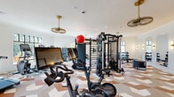 Located at 19020 Potts Park Ln in Davidson, NC, this single-floor fitness center offers a thoughtfully designed workout space that balances functionality with refined aesthetics. The room is immediately distinguished by its bold geometric-patterned flooring in warm terracotta, taupe, and white tones, adding a striking visual element to the space.

Natural light pours in through large windows and arched openings along the perimeter, creating a bright and energizing atmosphere. Recessed lighting is complemented by elegant gold-toned pendant and ceiling fan fixtures, contributing to the upscale ambiance.

The fitness center is comprehensively equipped for a full range of workouts. A row of treadmills and ellipticals lines one wall, bathed in natural light from adjacent windows. Connected stationary bikes with integrated display screens are positioned for interactive cycling sessions. A multi-functional cable and strength training rig anchors the center of the space, accompanied by a dumbbell rack, weight bench, plyo box, and wall-mounted ladder accessory for functional training.

Arched mirror installations along one wall visually expand the space and enhance its architectural character. A dedicated utility alcove includes a water fountain and additional storage. The high ceilings with crown molding, paired with white walls, complete the clean, modern yet classic design of this well-appointed fitness facility.