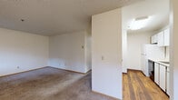 This single-floor unit offers a practical and straightforward layout designed for comfortable everyday living. The living area is generously sized, finished with plush wall-to-wall carpeting and neutral white walls that create a bright, clean atmosphere. A sliding glass door floods the space with natural light and provides direct views of lush greenery and flowering trees outdoors. Baseboard heating units are present throughout the carpeted rooms, ensuring consistent warmth. A pass-through opening connects the living area to the kitchen, enhancing the sense of openness between spaces.

The galley-style kitchen features warm hardwood flooring, white cabinetry extending to the ceiling for ample storage, light-toned countertops, and a full suite of appliances including an electric range, refrigerator, and dishwasher. A dedicated laundry area houses a full-size washer and dryer with overhead shelving for added storage convenience.

The bedroom offers carpeted flooring, a window with vertical blinds admitting natural light, and mirrored closet doors. The bathroom includes a full-size soaking tub with an overhead shower, finished in clean white surrounds. Textured ceilings are consistent throughout, and wood-toned trim and baseboards add a warm contrast to the neutral color palette.