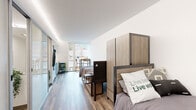 Located in Berkeley, CA (94704), this modern single-floor studio is thoughtfully designed to maximize functionality within a compact footprint. The open-plan living area features warm wood-look flooring and crisp white walls, creating a clean and contemporary aesthetic throughout. Recessed cove lighting along the ceiling adds a subtle ambient glow that complements the abundant natural light streaming in through a large floor-to-ceiling window, which also provides views of the surrounding neighborhood and greenery.

The sleeping area is furnished with a platform-style bed frame with built-in under-bed storage drawers and an integrated headboard/wardrobe unit, offering practical organization solutions. A small study nook with a table and chairs is positioned directly beside the window, making it an ideal space for focused work or study.

The kitchenette is efficiently outfitted with light gray cabinetry, a clean white countertop, a single basin sink, a compact refrigerator, a cooktop, and a microwave — providing all essential cooking amenities. Sliding frosted-glass doors lead to a private bathroom, which includes a toilet with accessible grab bars, a mirror, and a bathtub with a shower. The overall design is sleek, utilitarian, and well-suited for student or single-occupant living.