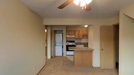 This single-floor space features an open-concept layout that seamlessly connects the living area to the kitchen. The living area is finished with wall-to-wall carpeting and includes a ceiling fan with a light fixture, providing both comfort and overhead illumination. Neutral-toned walls throughout contribute to a clean, understated aesthetic.

The kitchen is defined by a peninsula counter with a laminate surface, offering additional workspace and a natural divider between the two areas. Oak-toned cabinetry lines the kitchen walls, providing ample storage, while a black electric range, an overhead range hood, and a sink with a window-adjacent position round out the functional cooking space. The kitchen flooring transitions to a hard surface, distinct from the carpeted living area.

A notable feature of this space is the in-unit stacked washer and dryer, conveniently positioned in a dedicated laundry alcove visible from the main living area. A hallway leads to additional rooms beyond, with a lighted passage suggesting access to a bathroom and at least one other room. Overall, the layout is practical and efficiently designed.