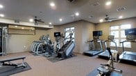 This single-floor fitness center is designed to support a well-rounded cardio workout experience. The space is outfitted with a diverse selection of commercial-grade exercise machines, including treadmills, ellipticals, stair climbers, and step mills, each equipped with individual mounted digital displays for entertainment and performance tracking. Several wall-mounted flat-screen televisions are positioned throughout the room, ensuring visibility from multiple workout stations. The flooring consists of carpet with protective rubber mats beneath each machine, providing cushioning and stability during use. Recessed lighting throughout the ceiling ensures the space is well-lit, while ceiling fans promote air circulation and help maintain a comfortable environment during exercise. Natural light filters in through windows along one wall, adding to the bright and open atmosphere. The neutral-toned walls and clean, organized layout contribute to a practical and focused workout setting. The space is thoughtfully arranged to allow ease of movement between equipment, making it accessible and functional for a range of fitness routines.