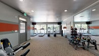 This fitness center in Marietta, GA, is a thoughtfully designed single-floor facility that accommodates a comprehensive range of workout needs. The interior is defined by a distinctive color scheme featuring bold orange and gray horizontal stripes along the walls, complemented by neutral-toned carpet flooring and recessed lighting throughout.

The cardio zone is positioned near a bank of large windows that line one wall, offering views of an outdoor deck and surrounding greenery, allowing natural light to fill the space. Equipment in this area includes treadmills, elliptical trainers, and a stair climber, with wall-mounted televisions nearby for entertainment during workouts.

The strength training section occupies another portion of the room and includes a multi-function cable machine, a leg press/strength station, and a well-stocked dumbbell rack with a variety of weighted options. A full-length mirror along one wall enhances the sense of space and supports form monitoring during exercises.

Additional features include a medicine ball rack, a water dispenser, and ample open floor space suitable for stretching or functional training. Multiple entry points with panel doors provide easy access throughout. The overall layout is open and practical, maintaining a clean, motivating environment well-suited for daily fitness use.