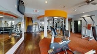 Located at 1344 Emajean St in Kalamazoo, Michigan, this single-level fitness center offers a comprehensive workout environment designed to accommodate a variety of exercise needs. The space is visually defined by bold orange architectural accents—including curved ceiling fascias and accent walls—set against neutral gray walls, creating an energetic and motivating atmosphere throughout.

The cardio zone is well-stocked with multiple treadmills, elliptical trainers, stair climbers, and stationary bikes, all arranged on richly patterned red-orange carpeting. Ceiling fans and recessed lighting provide comfort and visibility, while wall-mounted televisions offer entertainment during workouts. Large windows along one wall allow generous natural light to fill the space and provide views of the surrounding area.

The strength training section features a multi-station cable machine, free weights, weight plates, and benches positioned on hardwood flooring, providing a sturdy surface for resistance exercises. Full-length mirrors are strategically placed throughout to assist with form and to visually expand the space.

A dedicated functional training and stretching area includes exercise balls mounted on a vibrant orange wall, resistance bands, towel bars, stacked floor mats, and rubber flooring. A Western Michigan University Broncos mural adds local character and school spirit to the overall design.