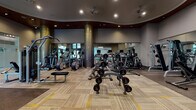 The fitness center at The Station at Newtown Square is a thoughtfully designed, single-level facility that provides residents with a comprehensive workout environment. The main exercise floor features a generous open layout finished with patterned, multi-tone carpeting and is equipped with an extensive selection of TAG free weights, dumbbell racks, weight benches, and strength machines. Large mirrors line the walls, visually expanding the space and allowing users to monitor their form throughout their workout. Ceiling fans and recessed lighting maintain a comfortable atmosphere, while a curved, dark wood accent ceiling detail adds an upscale architectural touch. Decorative columns with vertical gold-toned accents contribute to the refined aesthetic of the space.

A dedicated functional training area features rubberized flooring, a cable cross machine, kettlebells, medicine balls, and stability equipment. Adjacent to this zone, a glass-enclosed studio offers a bright, airy setting with light hardwood floors, full-length mirrors, a wall-mounted television, and exercise balls — ideal for group fitness or individual training. A separate room with hardwood flooring and floor-to-ceiling windows houses cycling bikes, filling the space with natural light and outdoor views of surrounding greenery.