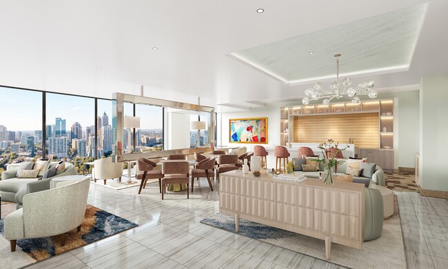 30th-floor lounge with demonstration kitchen, comfortable seating, and skyline views. - Modera Parkside