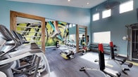 This single-floor fitness center offers a thoughtfully designed workout environment that balances functionality with an energizing aesthetic. The space features soaring ceilings that create an open, airy atmosphere, complemented by large upper-level windows that flood the interior with natural light. The walls are finished in a cool teal-blue tone, lending the space a fresh, motivating ambiance.

A striking large-scale cycling mural serves as a bold focal point, adding a dynamic visual element that reinforces the active spirit of the facility. Warm wood-framed architectural details frame key zones within the space, providing visual structure and a natural contrast to the cool color palette.

The fitness floor is outfitted with a diverse range of equipment to support varied workout routines. Cardio offerings include treadmills and rowing machines, while a dedicated cycling area features multiple stationary spin bikes. Strength training is well-represented with a dumbbell rack stocked across a full range of weights, a weight bench, and additional resistance equipment. Large mirrors line sections of the wall, enhancing the sense of space and allowing users to monitor their form. The durable, sport-appropriate flooring ties the entire space together, making this fitness center a comprehensive and inviting destination for exercise.