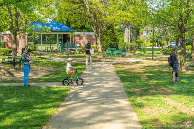 Tree-shaded walking paths at South Ardmore Park offer a peaceful retreat for outdoor enthusiasts in Wynnewood.