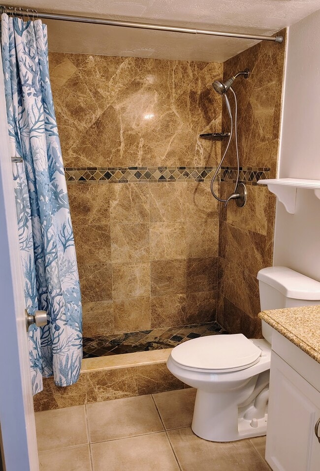 Main bathroom w/earth-tone marble/slate and granite; new curtain, showerhead!! - 1353 Pine Ridge Cir E