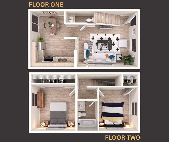 Diseño moderno de dos plantas con cocina abierta, acogedora sala de estar y elegante comedor en la primera planta; amplias habitaciones con generosos armarios y un baño completo en la segunda planta. - Temple Crest Townhomes