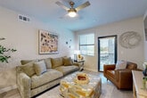 Located at 9815 Almeda Genoa Rd in Houston, TX, this thoughtfully designed one-bedroom, one-bathroom unit offers a comfortable and functional single-floor layout. Light-toned luxury vinyl plank flooring flows throughout the main living areas, contributing to a bright and cohesive aesthetic. The living room is generously proportioned, featuring a ceiling fan, large windows that invite natural light, and direct access to a private balcony with outdoor views — an ideal space for relaxing or entertaining. The kitchen is a standout feature, showcasing modern two-tone cabinetry with sleek white upper cabinets and warm wood-toned lower cabinets, complemented by a classic subway tile backsplash, light countertops, and a full suite of stainless steel appliances. A dedicated dining area adjoins the kitchen, offering room for casual dining. The carpeted bedroom provides a cozy retreat, complete with a closet and a window for natural light. The bathroom includes a full soaking tub and shower combination with large-format tile surround, and ample overhead cabinetry for storage. A dedicated laundry area adds everyday convenience. A connecting hallway ties all spaces together with clean, neutral finishes throughout.