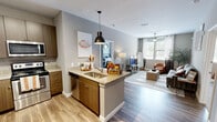 Located at 303 W Blount Ave in Knoxville, TN, this 2-bedroom, 2-bathroom residence offers a thoughtfully designed single-floor layout that maximizes functionality and comfort. The open-concept kitchen and living area serves as the heart of the home, where warm wood-toned cabinetry, granite countertops, and stainless steel appliances — including a refrigerator, range, and built-in microwave — create a stylish and practical cooking space. A peninsula with bar seating and a pendant light overhead adds a social focal point, flowing seamlessly into the living room. The living room is bright and welcoming, benefiting from large windows that invite natural light and a ceiling fan overhead. Both bedrooms are carpeted and well-proportioned, with the primary bedroom featuring a walk-in closet outfitted with wire shelving and hanging rods for ample storage. Each bedroom includes window treatments for privacy and natural light control. The two bathrooms are finished with tile flooring, dark wood vanities, and tub-shower combinations. Wood-look plank flooring runs throughout the main living areas, tying the space together with a clean, contemporary aesthetic. The overall ambiance is modern and inviting, reflecting a well-balanced residential design.