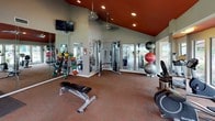 Located at 3801 N Belt Line Rd in Irving, Texas, this fitness center is a well-appointed, single-floor space designed to support a comprehensive workout experience. The room's most striking architectural feature is its soaring vaulted ceiling, finished in a bold red that adds energy and character to the environment. Recessed lighting and pendant fixtures illuminate the space evenly, while large floor-to-ceiling windows along multiple walls flood the interior with natural light and offer open views of the surrounding greenery outdoors.

The fitness center is outfitted with a diverse range of equipment to accommodate various training styles. Cardio equipment includes multiple treadmills and stationary bikes, while a multi-station cable machine serves as a centerpiece for strength training. A full rack of dumbbells provides options for free weight exercises, and a colorful medicine ball rack adds versatility for functional fitness routines. Stability balls and a flat utility bench round out the available equipment.

Full-length mirrors line portions of the walls, visually expanding the space and supporting proper form during workouts. The carpeted floor features a patterned design in muted tones with red accents that complement the overall color scheme. Colorful abstract artwork adorns the walls, contributing to an inviting and motivating atmosphere. The fitness center also connects visually to an adjacent lounge area, enhancing its sense of openness and accessibility.