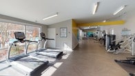 Located at 200 Appledown Dr in Cary, NC, this single-story fitness center is thoughtfully designed to support a comprehensive workout experience. The facility is organized into distinct zones, each serving a specific fitness purpose while maintaining an open, cohesive layout throughout.

The cardio area features treadmills and stationary bikes, including spin cycles, positioned near windows that allow natural light to fill the space. A vibrant teal accent wall adds a bold visual focal point, complementing the neutral gray tones used throughout. Flush linear lighting fixtures illuminate the herringbone-patterned flooring, which extends across the main workout areas.

The strength training zone is well-appointed with cable machines, weight benches, and free weights. A large wall mirror expands the perceived space and allows users to monitor their form. Bold yellow accent banding near the ceiling adds an energetic visual element that ties the zones together.

A dedicated functional training room features vaulted ceilings and a striking floor-to-ceiling glass wall overlooking an outdoor pool area with lounge seating. This space is equipped with medicine balls and resistance accessories, benefiting from abundant natural light and outdoor views.

Double glass doors provide direct access between sections of the facility, and the overall design balances functionality with a clean, modern aesthetic.