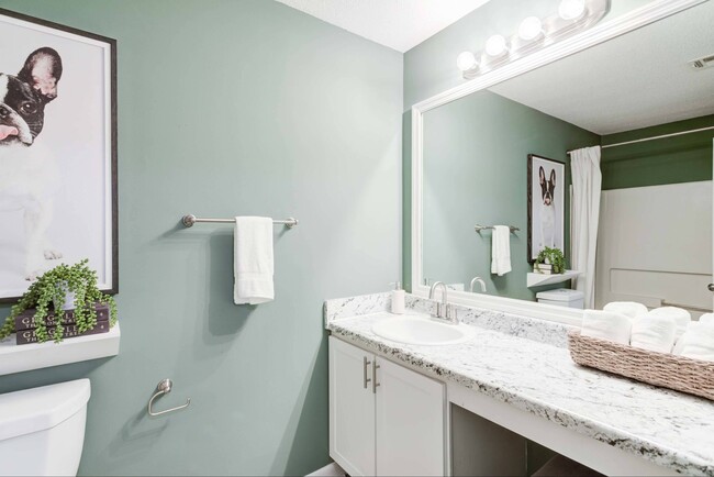 Cuarto de baño con gabinetes blancos y encimeras renovados - Avana Collins Creek