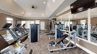 This fitness center is designed to accommodate a comprehensive range of workout routines within a single, open floor plan. The space features a vaulted tray ceiling with recessed lighting and a ceiling fan, contributing to an airy, open atmosphere. Warm taupe walls are trimmed with crisp white crown molding and baseboards, lending a polished, finished appearance throughout.

The flooring consists of patterned carpet tiles in neutral tones, providing both comfort and durability underfoot. Large windows with horizontal blinds line the walls, allowing ample natural light to fill the space while offering views of the surrounding outdoors. Full-length mirrors are strategically placed to enhance the sense of space and support proper exercise form.

The facility is well-stocked with equipment to support diverse fitness goals. Cardio options include treadmills and a recumbent stationary bike, while strength training needs are addressed by a multi-station cable machine, weight benches, and a full rack of dumbbells. A dedicated wall-mounted TV adds entertainment value. A glass-paneled door provides direct exterior access, and a security camera ensures safety throughout the space.