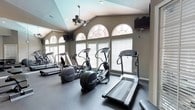 This fitness center is thoughtfully designed to accommodate a wide range of workout routines in a bright, welcoming environment. The space is divided into distinct functional zones, beginning with a dedicated free weights area near the entrance. This section features a tiered dumbbell rack stocked with a full set of weights, an adjustable bench, and additional strength training equipment, all set against neutral gray walls with high ceilings that create an open, airy feel.

A set of glass French doors leads into the primary cardio room, where the architecture becomes a defining feature. Soaring vaulted ceilings rise to a skylight, and a row of elegant arched windows along one wall floods the room with natural light while offering views of the surrounding exterior. A ceiling fan provides air circulation throughout. The cardio equipment includes multiple treadmills, elliptical cross-trainers, and an upright stationary bike, all from Precor. Wall-mounted televisions are positioned for easy viewing during workouts.

Full-length mirrors line one wall of the cardio room, visually expanding the space and assisting with form during exercise. Durable rubber flooring runs throughout both zones, ensuring safety and comfort. The overall ambiance is clean, modern, and functional.