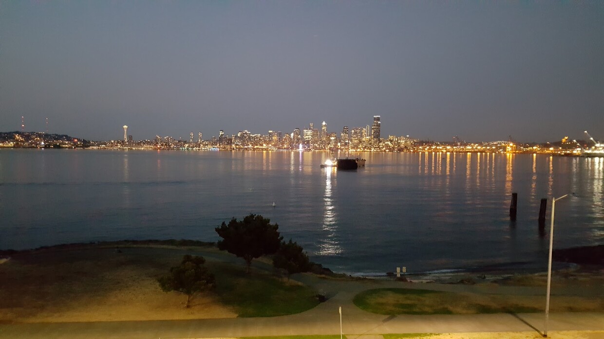 Enjoy the view day AND night! Twilight view of Elliott Bay right from living room. - 1737 Harbor Ave SW Unit S-405