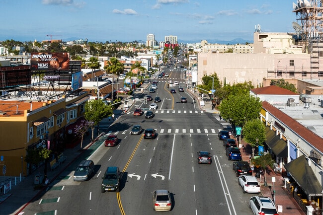 View down the street of the local hotspot of the neighborhood of Uptown San Diego.