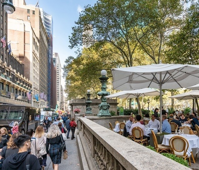 Bryant Park includes the Bryant Park Cafe with seasonal outdoor seating along 40th Street