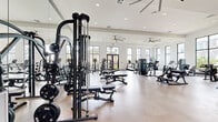 This large-scale fitness center offers a comprehensive workout environment across a single, generously proportioned floor. The space is organized into distinct zones, each designed to accommodate a specific type of training. The main strength area features a robust selection of free weights, cable machines, multi-functional training systems, and adjustable benches, complemented by full-length mirrors and large ceiling fans that enhance airflow and visibility throughout. A dedicated cardio section houses treadmills, air bikes, stair climbers, and stationary cycles positioned in front of tall, narrow windows that frame outdoor views of surrounding greenery, keeping the area bright and motivating. A separate functional training zone provides open floor space for dynamic movement, with medicine balls, plyo boxes, a heavy bag, and additional cardio equipment. Throughout the facility, high ceilings, recessed lighting, and abundant black-framed windows allow natural light to flood the interior, creating a clean, modern aesthetic. Polished concrete-style flooring runs consistently across all zones, offering durability and a contemporary look. A wall-mounted television and built-in storage cabinetry add practical convenience to the space.