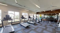This fitness center is a thoughtfully designed, single-level space that offers a comprehensive workout environment. Large windows line the walls, flooding the interior with natural light while providing open views of the surrounding neighborhood, creating an airy and motivating atmosphere. Ceiling fans are distributed throughout, contributing to comfort during workouts.

The cardio zone features a row of modern treadmills and elliptical machines positioned directly in front of the windows, allowing users to enjoy the outdoor views while exercising. Additional cardio options include stationary and recumbent bikes positioned nearby.

The strength training area is well-appointed, featuring a full dumbbell rack, weight benches, and cable machines. A large floor-to-ceiling mirror with a warm wood-accented surround visually expands the space and reflects the full layout of the equipment. Medicine balls and stability balls are neatly organized along a dedicated wall rack.

The flooring throughout consists of patterned, multi-tone carpet tiles in shades of blue and gray, adding a contemporary aesthetic while providing cushioning underfoot. Linear LED lighting fixtures are suspended from the ceiling, ensuring consistent, bright illumination across the entire space. Glass-panel doors provide access and visibility into an adjoining room, further enhancing the open, connected feel of the facility.