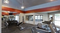 This fitness center offers a thoughtfully designed workout space ideal for a full range of exercise routines. The room features a striking two-tone wall design, with a bold terracotta-red accent band contrasting against crisp white upper walls, creating an energetic and motivating atmosphere. A ceiling fan with a light fixture hangs overhead, providing both air circulation and illumination throughout the space.

Large mirrored walls line one side of the room, enhancing the sense of openness while allowing users to monitor their form during workouts. The space is outfitted with a variety of equipment to support diverse fitness goals. A dumbbell rack with multiple free weights and an adjustable workout bench cater to strength training needs, while a medicine ball rack stocked with various weighted balls supports functional fitness and conditioning exercises. Cardio equipment, including what appears to be a stationary bike or elliptical machine, is also present for aerobic training.

Large windows allow natural light to filter into the space, creating a bright and welcoming environment. The dark carpeted flooring adds a practical and durable surface underfoot. Overall, this fitness center combines a bold visual identity with functional equipment to provide a comprehensive and motivating workout facility.
