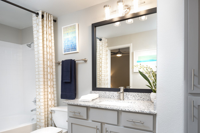 Contemporary bathrooms with framed mirrors - Villas At Stonebridge Ranch Apartments