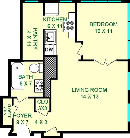 Sellers One Bedroom Floorplan - Cloisters