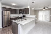 This single-floor unit offers a thoughtfully designed open-concept layout that seamlessly connects the kitchen and living area. The kitchen is a standout feature, equipped with dark espresso cabinetry, granite-style countertops, and a full suite of stainless steel appliances including a refrigerator, gas range, and over-the-range microwave. A peninsula with an undermount double sink and elegant pendant lighting serves as a natural dividing point between the kitchen and the adjoining living space. The living area is generously sized, finished with neutral-toned carpet, and anchored by a ceiling fan. A sliding glass door with vertical blinds fills the room with natural light and provides access to the outdoors. The bedroom is a comfortable, open space also featuring plush carpet flooring and a ceiling fan, offering a calm and restful environment. The bathroom maintains the same design language as the kitchen, with matching dark cabinetry, granite-style countertops, a wide vanity mirror with overhead lighting, and wood-look vinyl flooring. The overall aesthetic is clean and modern, with a consistent neutral color palette of warm beige and white tones that creates a cohesive, inviting atmosphere throughout the unit.