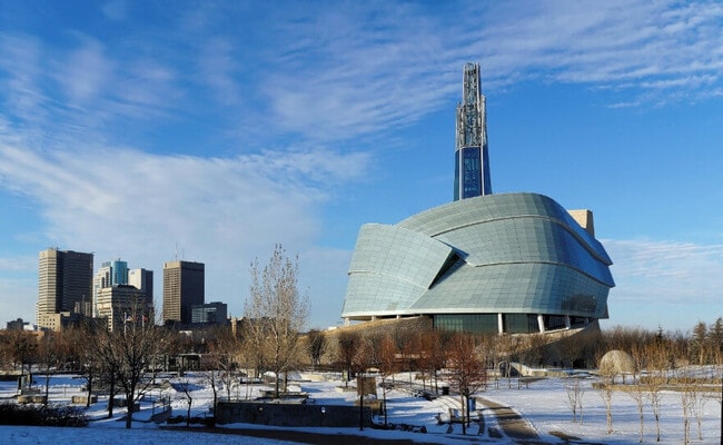 Downtown cityscape in the winter with a view of Canadian Museum for Human Rights.