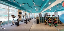 This fitness center is a thoughtfully designed workout facility that combines vibrant aesthetics with comprehensive equipment offerings. The space is immediately distinguished by its bold teal ceiling, which is fitted with sleek track lighting and a ceiling fan to ensure proper airflow and illumination throughout. Large floor-to-ceiling windows line the walls, flooding the interior with abundant natural light and providing open views of the surrounding exterior. The flooring features a combination of carpet and hardwood-style surfaces, clearly delineating cardio and functional training zones. A full row of cardio machines — including ellipticals, treadmills, and stationary bikes — is neatly arranged along the windowed wall, each positioned to take advantage of the bright, airy atmosphere. Wall-mounted flat-screen televisions are placed for convenient viewing during workouts. On the opposite side, a white shelving unit organizes medicine balls and fitness accessories, while additional equipment such as free weights and strength training machines are visible toward the rear. Exercise mats are also stored and accessible for floor-based workouts. The overall ambiance is energetic yet clean and organized, creating an inviting environment well-suited for a wide range of fitness routines.