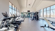 Located in Castle Rock, Colorado, this expansive fitness center offers a thoughtfully designed single-floor layout built to support a wide range of workout routines. The space is immediately striking thanks to its soaring vaulted ceilings accented by exposed beams, which lend an open, airy quality throughout. Large floor-to-ceiling windows line the walls, flooding the interior with natural light and framing views of the surrounding Colorado landscape.

The flooring features durable rubber sport surfacing throughout, practical for both heavy equipment and high-intensity training. Cardio equipment is prominently represented, with a full row of TRUE brand treadmills and ellipticals, Echelon rowing machines, and a dedicated cycling area equipped with stationary bikes and personal display screens. Strength training is equally well-appointed, featuring a multi-station cable machine, a dedicated training zone with a punching bag, adjustable weight benches, and a fully stocked dumbbell rack. A large gold-framed wall mirror spans one side of the space, enhancing the sense of depth and allowing for form checks during exercise.

A wall-mounted flat-screen television is centrally positioned for viewing during workouts, and a ceiling fan provides additional air circulation. The teal accent wall adds a modern, energizing touch to the otherwise clean white interior, creating a motivating and professional fitness environment.