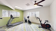 Located at 10 E Bell Rd in Phoenix, AZ, this fitness center is a dedicated single-room exercise facility designed to support a well-rounded workout routine. The space is thoughtfully appointed with a clean, modern aesthetic, highlighted by a bold green accent wall that energizes the environment and contrasts crisply against the white walls and ceiling. A patterned, multi-tonal carpet in shades of green, grey, and white covers the floor throughout, adding a contemporary visual element underfoot. Natural light enters through multiple barred windows positioned along the walls, keeping the space bright and connected to the outdoors. Overhead, a ceiling fan with an integrated light fixture provides air circulation alongside recessed and fluorescent lighting for consistent illumination. The exercise room is equipped with multiple treadmills, a recumbent bike, and an upright cycle for cardiovascular training, as well as a cable resistance machine and a dumbbell rack with an adjustable bench for strength work. A full-length mirror along one wall enhances the sense of space and supports form-checking during workouts. The entry area features a glass-paneled door with direct outdoor access, an informational bulletin board, and additional open floor space suitable for stretching or floor exercises. The overall layout is functional, well-organized, and optimized for fitness use.