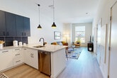 This well-designed one-bedroom, one-bathroom residence at 1 Green Island Boulevard in Worcester, MA offers a thoughtfully organized floor plan with modern finishes throughout. The open-concept kitchen and living area serves as the heart of the home, featuring a granite-topped island with seating, dark matte cabinetry contrasted by white lower cabinets, a subway tile backsplash, and a full suite of stainless steel appliances. Pendant lighting over the island adds a stylish focal point. Light hardwood-style flooring flows seamlessly from the kitchen into the living room, which benefits from tall ceilings and a large window that frames views of the surrounding Worcester cityscape and green space. The bedroom is a serene retreat with plush carpeting, generous natural light from a wide window overlooking the neighborhood, and a dedicated closet for storage. The full bathroom is finished with large-format tile flooring, a sleek white vanity with ample counter space, and a full tub-shower combination. Clean white walls and an abundance of natural light throughout give the entire residence a bright, airy ambiance, making it a functional and contemporary urban living space.