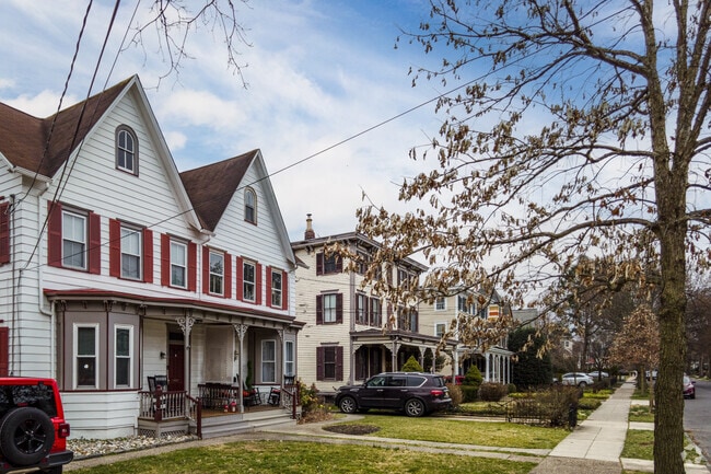 Row homes in Haddonfield, NJ are well-kept on the nice residential streets.