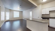 This single-floor unit presents a contemporary, open-concept layout with a seamless flow between the kitchen and living area. Dark hardwood-style flooring runs throughout the main living spaces, creating a cohesive and polished aesthetic, while neutral-toned walls provide a clean, versatile backdrop.

The kitchen is well-appointed with white shaker-style cabinetry, dark countertops, and a full suite of stainless steel appliances, including a refrigerator with ice maker, electric range, built-in microwave, and dishwasher. A peninsula with a dark countertop extends into the living area, offering additional prep space and a natural division between the two zones. The open living area benefits from natural light through a window fitted with horizontal blinds.

The bedroom features dark hardwood-style flooring, a bright window, and access to a generously sized walk-in closet outfitted with a hanging rod and carpeted flooring. The bathroom is finished with dark wood-style tile flooring, a white vanity with dark countertop, and a full tub-shower surround with built-in shelving. A textured ceiling is present throughout, adding subtle architectural character to the space.