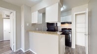This single-floor unit is designed with a practical, open layout that connects the living and kitchen areas seamlessly. The kitchen is a functional centerpiece, featuring white cabinetry, granite-style countertops on both the peninsula and secondary prep surfaces, and black appliances including a refrigerator, electric range, and ventilation hood. The peninsula provides additional workspace and creates a natural division between the kitchen and the adjoining living area. Wood-look plank flooring runs consistently throughout the unit, lending a cohesive, modern feel to every room.

The living area is open and airy, benefiting from a large sliding glass door fitted with vertical blinds that allow natural light to filter in while providing privacy. A separate bedroom offers a quiet retreat, featuring a window with outdoor views and two closets, one of which is a generously sized walk-in with built-in shelving rods for organized storage. The bathroom includes a full tub-shower combination with white surround, a white vanity with a granite-style countertop, and wood-look flooring that ties the space together. Neutral gray walls throughout the unit create a clean, versatile backdrop.