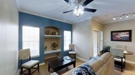 This single-story home showcases a thoughtfully designed living space that blends functionality with visual appeal. The main living area draws immediate attention with its striking teal accent wall, which contrasts beautifully against the warm beige tones of the surrounding walls. Crown molding runs along the ceiling perimeter, adding a refined architectural detail that elevates the overall aesthetic.

A standout feature of the living room is the built-in arched shelving unit, seamlessly integrated into the accent wall. It offers both decorative display space and practical storage, framed by an elegant arched opening. Multiple windows dressed with white horizontal blinds allow generous natural light to fill the room, creating a bright and welcoming atmosphere throughout the day.

The ceiling is fitted with a ceiling fan and light fixture combination, providing both air circulation and ambient lighting. Wood-look flooring runs throughout the space, contributing warmth and continuity underfoot. A view through a nearby doorway suggests additional rooms beyond, hinting at a well-connected floor plan. Together, these elements create a cohesive, comfortable living environment with notable character and detail.