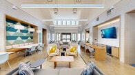 Located at 1001 Birdie Dr in Coraopolis, PA, this single-floor amenity space offers a thoughtfully designed environment built for both relaxation and active living. The welcoming entrance opens into a series of generously proportioned living areas characterized by soaring vaulted ceilings, shiplap wall detailing, and polished concrete floors that lend a clean, contemporary aesthetic throughout. Statement lantern-style pendant lights hang from the high ceilings, complementing rows of clerestory windows that flood the interior with abundant natural light.

The multiple living room areas are arranged to accommodate a variety of social settings, from casual lounging on plush sofas and accent chairs to collaborative work at built-in counter seating backed by bold geometric teal and green acoustic wall panels. A cozy nook features deep navy banquette seating, vibrant artwork, and a private window view, providing an intimate retreat within the larger space.

The exercise room is a standout facility, divided into distinct zones. A well-equipped cardio and strength area features treadmills, ellipticals, rowing machines, free weights, and wall-mounted TVs, all set against mirrored walls and green accent walls beneath vaulted ceilings. An adjacent functional training studio offers suspension trainers, a heavy bag, and padded flooring — ideal for a full range of fitness activities.