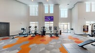 This contemporary fitness center is designed to inspire an active lifestyle, offering a generously proportioned, open floor plan that accommodates a comprehensive range of exercise equipment. The space is immediately distinguished by its dramatically soaring ceilings, which create an airy, expansive atmosphere enhanced by large windows positioned at both standard and clerestory heights. These windows flood the interior with natural light while providing views of the surrounding outdoor areas.

The flooring is a standout design element — a bold, geometric carpet pattern featuring interlocking hexagons in shades of orange, red, and gray that adds energy and visual dynamism to the space. Designated zones within the fitness center house a well-equipped cardio area with treadmills, ellipticals, stationary bikes, and stair climbers, each outfitted with individual screens. A separate strength-training zone features a selection of selectorized resistance machines. A free weights area includes dumbbells, weight racks, benches, and medicine balls, complemented by floor-to-ceiling mirrors that enhance the sense of space.

A wall-mounted large-screen television is positioned prominently in the cardio zone. Glass double doors provide direct access to an outdoor patio area, further connecting the interior to the exterior environment. The overall ambiance is clean, modern, and motivating.
