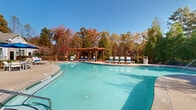 Located at 8064 S Fulton Pkwy in South Fulton, Georgia, this outdoor amenity space is designed to deliver a resort-style experience for its residents. At the heart of the area is a generously sized, freeform swimming pool with crystal-clear turquoise water, gentle entry steps, and handrail access, making it both inviting and accessible. The pool deck is finished in smooth concrete and offers ample space for lounging, furnished with multiple chaise lounge chairs accented with blue cushions. A handsome wooden pergola anchors one end of the pool area, providing shaded retreat space alongside additional seating for relaxation. A separate spa or hot tub is also present, offering a more intimate aquatic experience. Adjacent to the pool, a clubhouse-style building with siding, stone accents, large windows, and a pitched roof serves as the community anchor, complemented by patio seating shaded by blue market umbrellas. The entire space is enveloped by a mature tree line displaying vibrant seasonal foliage, creating a natural privacy buffer and a picturesque backdrop. Wrought iron fencing encloses the pool area, ensuring both safety and aesthetic continuity. The overall ambiance is serene, well-maintained, and thoughtfully designed for outdoor leisure and community gathering.