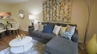 This single-floor space is designed with comfort and style in mind, offering a cohesive and welcoming atmosphere throughout. The living area serves as the heart of the space, anchored by a generously sized gray sectional sofa adorned with an assortment of decorative throw pillows in muted blues, teals, yellows, and earthy neutrals — creating a balanced and visually engaging palette. A plush area rug grounds the seating arrangement, while a sleek, tiered white coffee table adds a modern contrast to the warm surroundings. The walls are finished in soft, warm beige tones that contribute to the overall sense of coziness, complemented by hardwood flooring that adds texture and warmth underfoot. A standout large-scale abstract wall art piece in shades of gold, gray, and green commands attention above the sofa, serving as a bold focal point. Ambient lighting from a classic table lamp on a side console adds a soft, inviting glow to the space. A round decorative mirror on the adjacent wall further enhances the sense of openness. The overall ambiance is relaxed yet polished, reflecting a contemporary residential aesthetic with carefully chosen furnishings and décor that work harmoniously together.