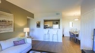 This single-floor residence offers a thoughtfully designed open-concept layout that promotes a seamless flow between the living, dining, and kitchen areas. The living room provides a comfortable and inviting atmosphere, featuring warm hardwood-style flooring, soft neutral wall tones accented by a bold feature wall, and ample space for relaxed seating arrangements.

The kitchen is smartly positioned behind a pass-through cutout, creating an interactive connection with the main living area while maintaining a defined cooking space. Light wood cabinetry, a white refrigerator, and a microwave are visible through the opening, and the pass-through counter is complemented by a pair of sleek white bar stools, ideal for casual dining or conversation.

Adjacent to the kitchen, a dedicated dining area offers space for a full dining table and chairs, making it suitable for both everyday meals and entertaining. Artwork adorns the walls throughout, adding a personal and polished character to the space.

Natural and ambient lighting work together to keep the interior bright and welcoming. The consistent hardwood-style flooring ties each area together cohesively, while the clean, modern design aesthetic ensures a functional and visually appealing environment throughout this well-planned single-level home.