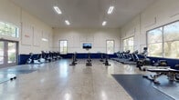 The Canopy Living fitness center at 4400 SW 20th Ave in Gainesville, Florida, is a well-appointed, single-floor facility designed to support a wide range of fitness activities. The space is defined by soaring ceilings and a clean, modern aesthetic, with crisp white walls accented by a bold navy blue wainscoting that runs throughout, creating a cohesive and energetic atmosphere.

The main cardio area is expansive and open, featuring polished concrete floors that reflect the bright overhead lighting. This zone is equipped with a row of treadmills, ellipticals, stair climbers, and stationary cycling bikes, all arranged to allow ample space between each machine. A wall-mounted flat-screen television provides entertainment during workouts, while large windows on multiple walls bring in natural light and views of the surrounding landscape.

Adjacent to the cardio floor is a dedicated strength and functional training area, outfitted with rubber flooring, free weights, barbells, medicine balls, rowing machines, and a variety of benches and workout mats. This zone benefits from the same high ceilings and generous natural light.

A standout feature of the facility is its full-height rock climbing wall, adding a unique and dynamic element to the fitness offerings. An open activity area with padded mats provides space for yoga, stretching, or group fitness. The "Go Gators" spirit wall reinforces the community's connection to Gainesville's vibrant collegiate culture.