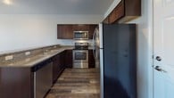 This thoughtfully designed 3-floor residence offers a functional and stylish layout spread across multiple levels, connected by a prominent staircase visible in the architectural overview. The kitchen is a standout feature, outfitted with rich dark cabinetry, granite countertops, a full suite of stainless steel appliances including a refrigerator, range, and over-the-range microwave, and durable wood-style flooring. A raised breakfast bar peninsula provides a natural divide between the kitchen and the adjacent living area, adding both practicality and visual interest. The bathrooms are finished to a high standard, featuring large-format stone-look tile work throughout the walk-in shower, a granite-topped vanity, and chrome fixtures that lend a clean, polished aesthetic. The bedrooms are generously proportioned, carpeted for comfort, and benefit from multiple windows dressed with vertical blinds that allow for natural light while maintaining privacy. A lower-level room features wood-style flooring, neutral walls, and a window that brings in additional natural light, offering flexible use as a recreation room or additional living space. Throughout the residence, neutral tones, clean lines, and consistent finishes create a cohesive and welcoming ambiance across all three floors.