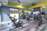 Located at 1669 Scott Blvd in Decatur, Georgia, this single-floor fitness studio is a well-appointed exercise space designed to support a variety of workout styles. The room features a striking two-tone color scheme, with bold chartreuse-yellow upper walls contrasting against cool slate-blue lower walls, giving the space a vibrant and energizing atmosphere.

Multiple stationary spin bikes are positioned across the patterned hardwood-style flooring, making the studio well-suited for cycling workouts. A wall-mounted flat-screen television serves as a focal point for guided workout sessions. Full-length mirrors run along one wall, visually expanding the room and supporting form-focused training, while a classic ballet barre is mounted at mid-height for stretching and barre-style exercises. Stacked exercise mats are available for floor-based workouts, and open shelving built into a dark wood partition provides storage for equipment and accessories.

Natural light pours in through large sliding glass windows and doors that line one side of the room, offering views of the surrounding area and keeping the space bright and airy. A ceiling fan overhead ensures comfortable airflow during intense sessions. Recessed lighting provides consistent illumination throughout. The overall design balances function and style, creating an inviting environment suited for both focused individual training and group fitness classes.
