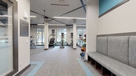 Located at 2350 8th Avenue South in Nashville, TN, this fitness center offers a thoughtfully designed, single-floor layout encompassing two distinct exercise rooms and a support area. The main exercise room is a spacious, open-concept cardio and strength training floor bathed in natural light from large floor-to-ceiling windows that look out onto the surrounding greenery. Soaring ceilings with bold geometric teal and dark accent details lend the space a dynamic, modern aesthetic, while linear pendant and recessed lighting ensures excellent visibility throughout. The cardio zone is well-stocked with stair climbers, ellipticals, and treadmills arranged along the windowed wall, while the strength area features a multi-station cable machine, a full dumbbell rack ranging across multiple weights, a WaterRower, and ample open floor space for functional training. Medicine ball storage and built-in bench seating with cubbies provide convenient organization near the entrance. A second, dedicated spin studio offers a more intimate setting, lined with floor-to-ceiling mirrors, ceiling fans, and multiple stationary cycling bikes. The consistent use of patterned carpet flooring with teal accent inlays ties the two rooms together, creating a cohesive and professional fitness environment.