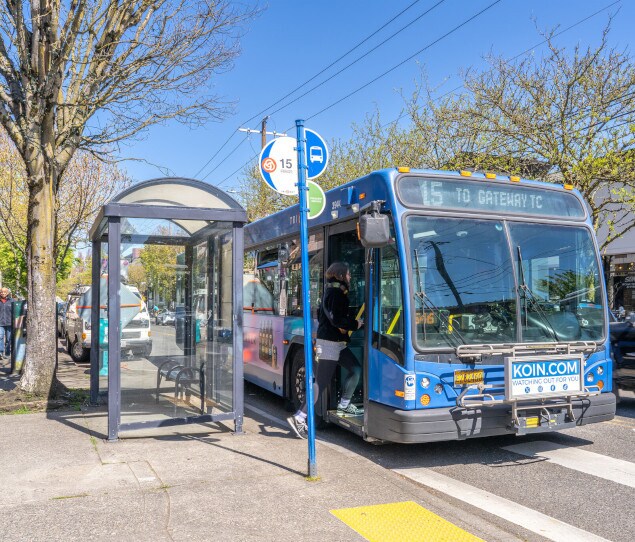 A bus stop in Uptown Portland